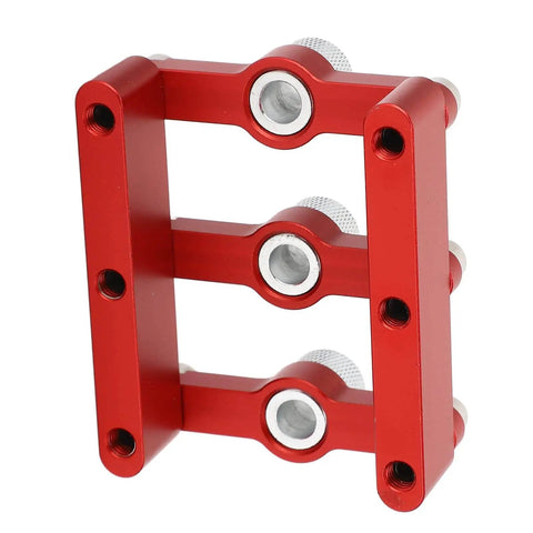 Front view of a red 3-In-1 Doweling Jig With Hole Drill Guide And 90 Degree Positioner Locator Tool for woodworking projects.