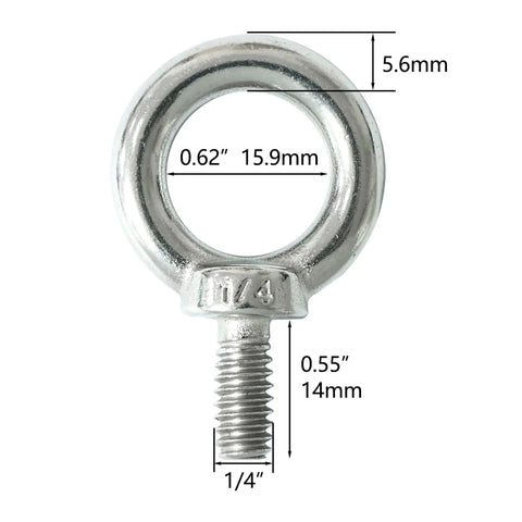 One Quarter Inch UNC Lifting Shoulder Eye Bolts, Marine Grade 316 Stainless Steel With Threaded Nut Fasteners, side view with measurements
