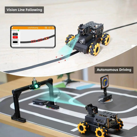 Raspberry Pi 5 AI Vision Robot Car Kit With Mecanum Wheels 2DOF HD Camera demonstrating autonomous driving on track
