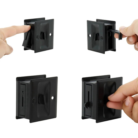 Privacy Sliding Door Lock With Pull In Matte Black Finish, Solid Brass Pocket Door Lock For 1-3/8 Inch Thick Doors, Four Pack