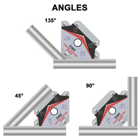 Six Piece Magnetic Welding Magnet Set With Twenty Five Pound And Fifty Five Pound Holding Power Heavy Duty Magnetic Welding Holders for angled joints.