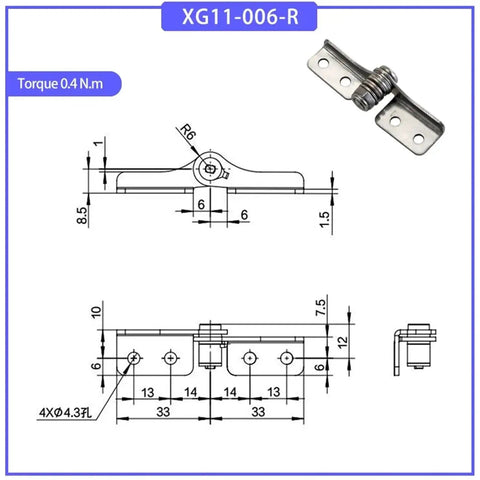 Stainless steel damping hinge XG11-006-R with adjustable torque 0.4 N.m; front and side views with mounting holes