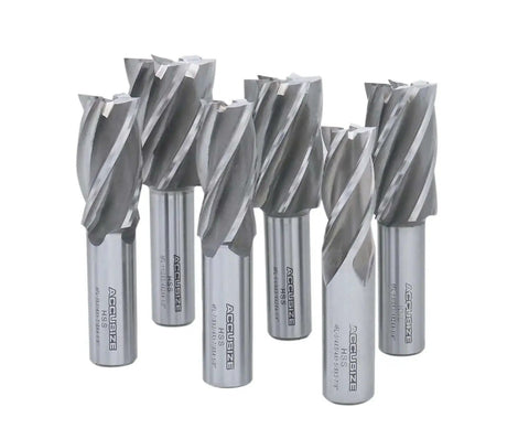 Six Piece HSS End Mills Set For Bridgeport Milling Machines With Three Quarters Inch Weldon Shank Four And Six Flute Cutters Cutting Diameter From Three Quarters Inch To One And One Half Inch Pro Grade Tooling For Aluminum And Steel
