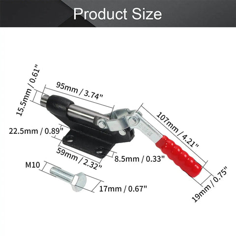 Image showing Adjustable Toggle Clamp With Push Pull Action, 851 Lbs Capacity, High Carbon Steel Construction, Red Finish, dimensions displayed