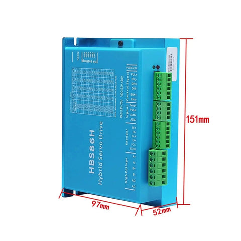 Front view of blue hybrid servo drive module with green terminal blocks on the right.