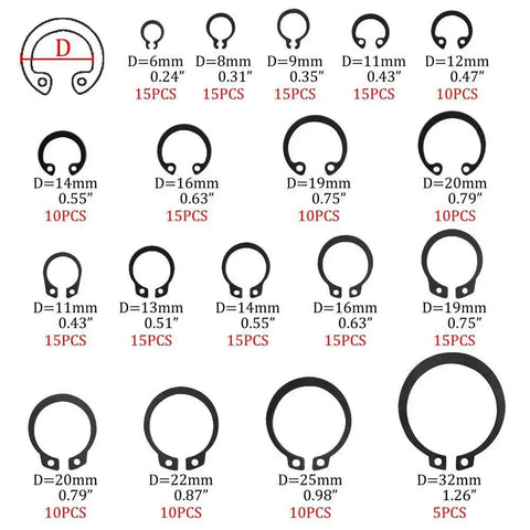 225Pcs 18 Sizes Alloy Steel Circlip Snap Ring External Retaining Clamps Ring Washer Assortment Kit 6 To 32mm Black Built Tough Rust Resistant Fastener DIY Friendly Must Have