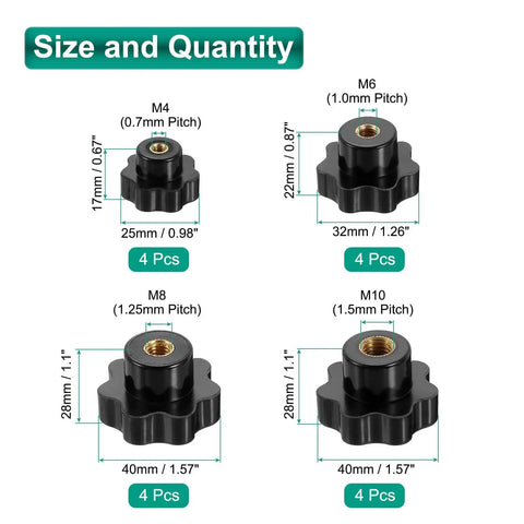 All-In-One 16 Piece Clamping Star Knob Set For Machines With M4 M6 M8 M10 Threads, 7-Point Star Plastic Heads, size and quantity chart