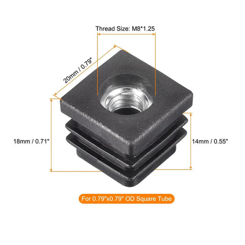 4 Pieces M8 Threaded Tube Inserts For 0.79 By 0.79 Inch Square Tubes Black Plastic End Caps Chair Leg Plugs For Furniture Feet