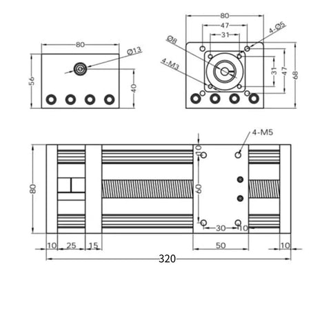 Technical drawing of Beefy 100 200 300mm CNC Ball Screw Linear Actuator With Nema 23 Stepper Motor for precision milling.