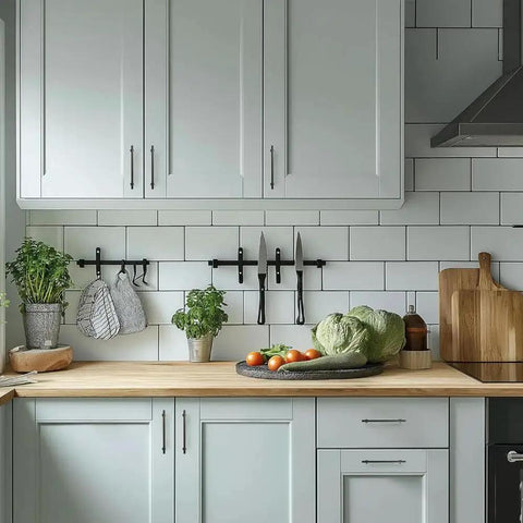 Modern kitchen with 4 Inch Matte Black Cabinet Pulls Pack Of 2 Heavy Duty Solid Hardware on gray cabinets and wooden countertop.