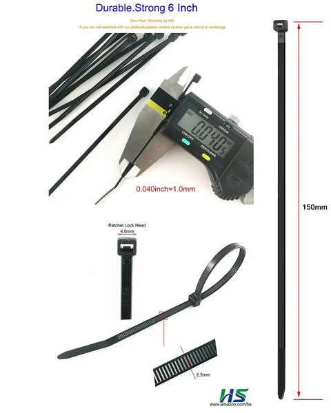 6 Inch Black Zip Ties 18 Lbs Tensile Strength Self Locking Nylon PA66 UV Resistant Weatherproof 100 Pack For Indoor Outdoor