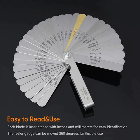 Two Piece Feeler Gauge Set With 32 Blade Main Gauge And 16 Blade Offset Gauge Dual Marked SAE And Metric Sizes For Precise Measurements