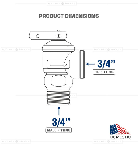 Midline GUHW-QSW256 pressure relief valve for tankless water heater, forged brass, 3/4 in FIP x MIP, Domestic.