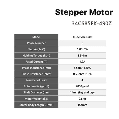 Front view of stepper motor spec sheet showing model 34CS85FK-490Z, 2-phase, 1.8° step, 8.5 N·m torque, 4.9 A