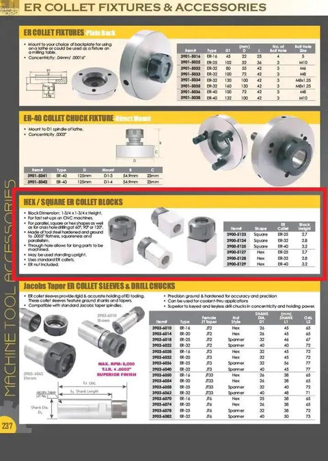 Catalog showing ER32 Square And Hex Collet Block Set for CNC milling, hardened tool steel with precise alignment and setup details.