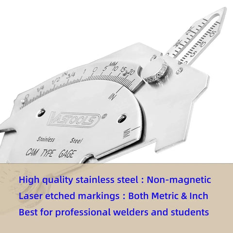Pro Grade Cam Weld Gauge For Precise Welds Stainless Steel Construction Metric And Inch Readouts 0 To 60 Degree Angles And Excess Weld Metal Capping Up To 2 Inches 50 Mm With Permanently Etched Markings For Quick Readouts By VASTOOLS close-up view showing laser-etched markings.