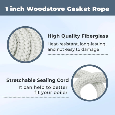 1-in wood stove gasket rope and sealing cord; fiberglass rope (white) and stretchable sealing cord for boilers.
