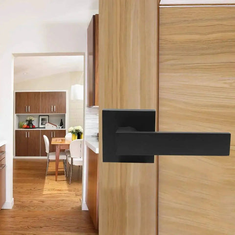 Beefy Heavy Duty Half Dummy Lever Matte Black Non Turning Interior Door Handle installed on wooden door for closets and pantries