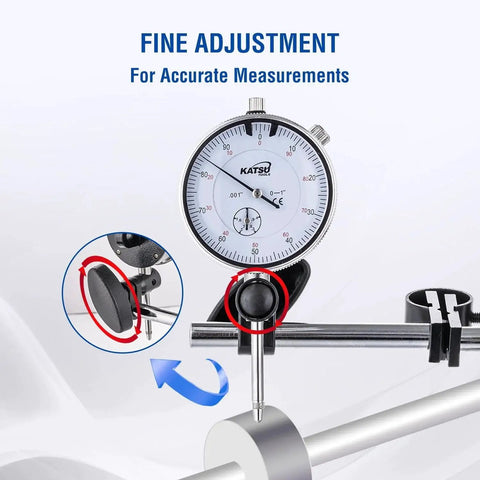 Dial Indicator With Magnetic Base And 22 Piece Indicator Points Set For Pro Grade Precision Measuring 0 To 1.0 In Range And 0.001 In Accuracy Fine Adjustment Magnetic Base With Strong Hold Long Arm Storage Case Included Model 401111 close-up view