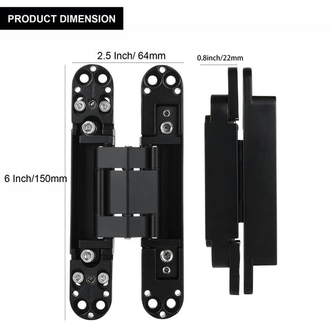 Two Pack 6 Inch Hidden Door Hinges Zinc Alloy Heavy Duty Concealed Hinge 180 Degree Swing 3 Way Adjustable Butt Hinge Black