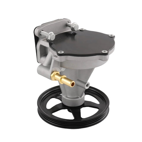 RADHLBNIU vacuum pump for automotive use; front view shows a silver aluminum body with a black pulley and brass inlet.