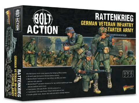 Box front of Bolt Action Rattenkrieg German Veteran Infantry Starter Army For Close Quarters Wargaming with artwork of soldiers