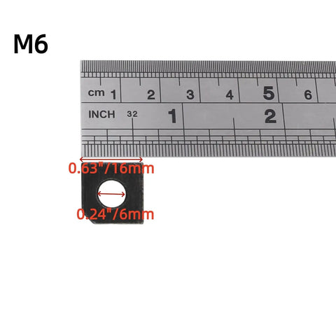 Heavy Duty Beveled Square Washers M6 Black Finish with ruler showing 0.62x0.62in size and 0.23in hole for metal frame assembly