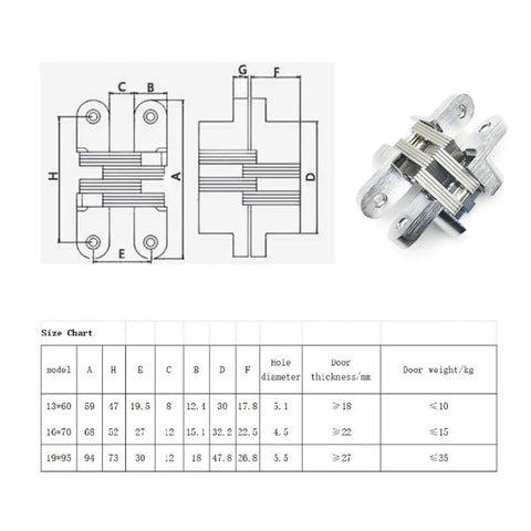 2Pcs Stainless Steel Hidden Hinges For 180 Degree Concealed Folding Doors shown with technical drawing and size chart