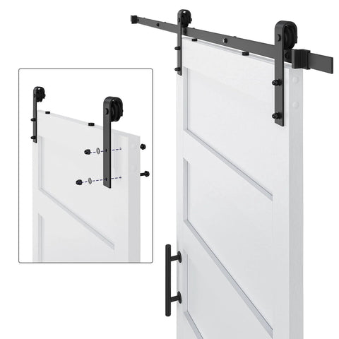 48 Inch By 84 Inch Sliding Barn Door With 8 Foot Hardware Kit And Handle, pre drilled holes, white 5 panel farmhouse style