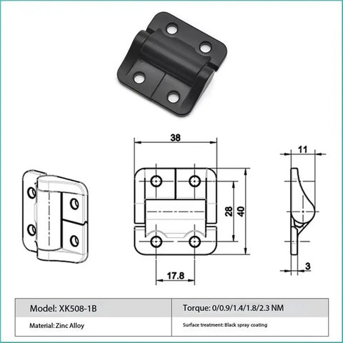 Diagram of Constant Torque Position Control Hinge For Cabinets And Doors, Friction Adjustable T Hinge, Model XK508-1B, 0Nm Torque.