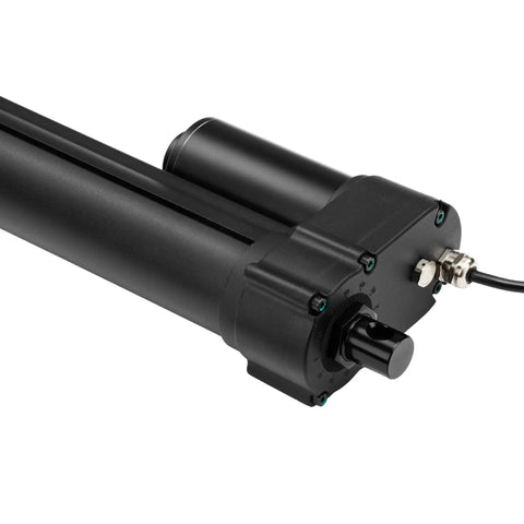 Close-up of Heavy Duty 12V Linear Actuator with 12 Inch Stroke, 2000 Lbs Push Pull, IP67 Water Resistant Brushed DC Motor.