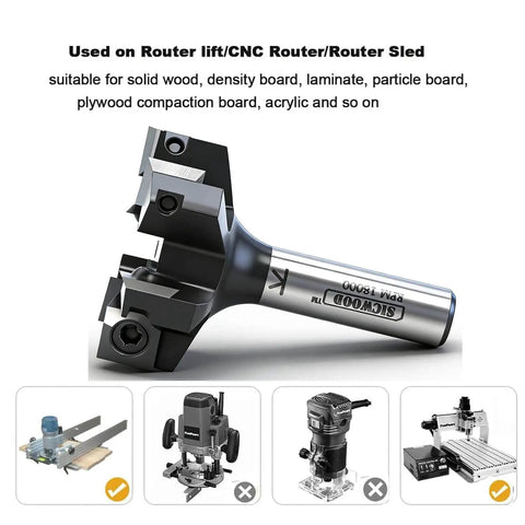 Slab Flattening Router Bit With A Half Inch Shank, Six Wing Carbide Insert, Two Inch Cutting Diameter shown on CNC Router