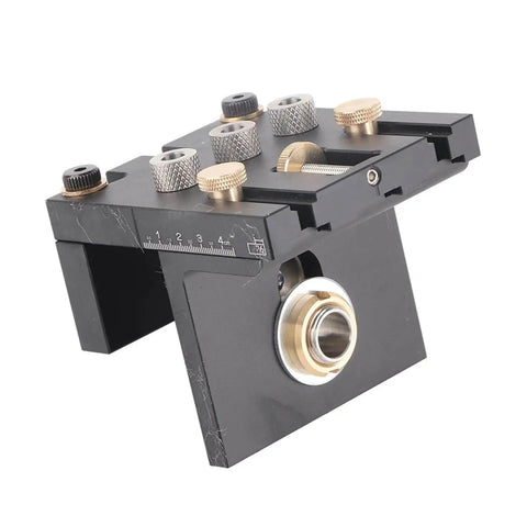 Three In One Woodworking Drilling Guide Kit With Scale Positioning Jig And Anodized Metal For Pro Grade, showing scale and sleeves
