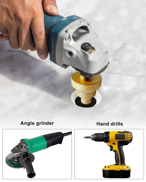 Diamond Step Drill Bit Set Pro Grade 20mm 35mm 50mm Pagoda Cone Tile Bit M10 Thread shown in use with angle grinder on stone
