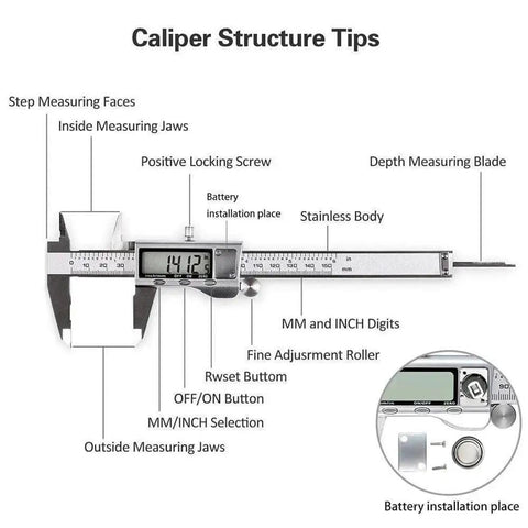 Diagram of Stainless Steel Digital Caliper With Large LCD Screen for precise 0 to 150mm measurements showing key components and functions.
