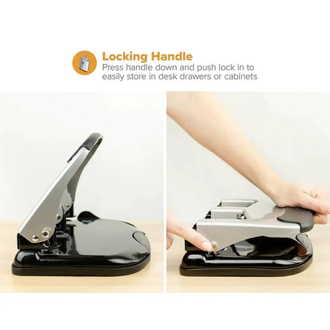 EZ Squeeze Heavy Duty 3 Hole Punch With 40 Sheet Capacity, showing locking handle feature on wooden desk for easy storage