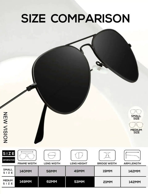 Classic Aviator Polarized Sunglasses For Men And Women Driving Sun Glasses UV Block 3 Pack Set 58mm Lenses size comparison
