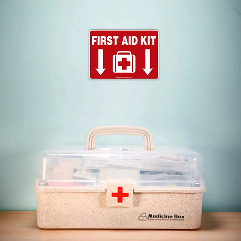 First Aid Kit Sticker Decal 10x7 Inches on wall above medical box, self-adhesive vinyl, reflective, UV protected, waterproof