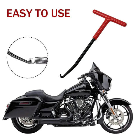 Exhaust Spring Hook T Shaped Handle For Motorcycle Rubber Coated Set Of 2 next to a motorcycle showing usage example.