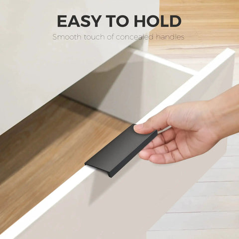 Hand holding black edge pull on drawer, 6 Pack Finger Pulls For Cabinets With 76mm Hole Center And 102mm Overall Length.
