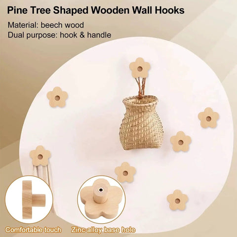 Pine tree shaped wooden wall hooks set on wall with wicker basket, made of beech wood, dual-purpose hook and handle