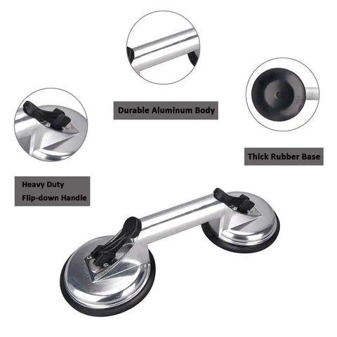 Two Pack Beefy Glass Suction Cups Vacuum Lifter with Aluminum Body and Rubber Base, built for lifting windows, glass panels, tiles, mirrors, and granite, double gripper plate for extra grip, up to 85kg, shown with handle and components labeled.