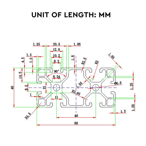 Technical diagram of Heavy Duty 48 Inch Aluminum Extrusion Profile 4080 T Slot with measurements for 3D Printer Parts and CNC Routers.