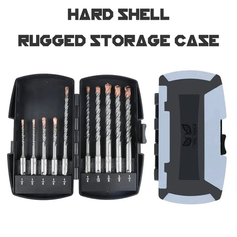 SDS Plus Rotary Hammer Drill Bit Set Ten Pack in hard shell case, various sizes from 1/8 in to 1/2 in, for concrete and masonry.