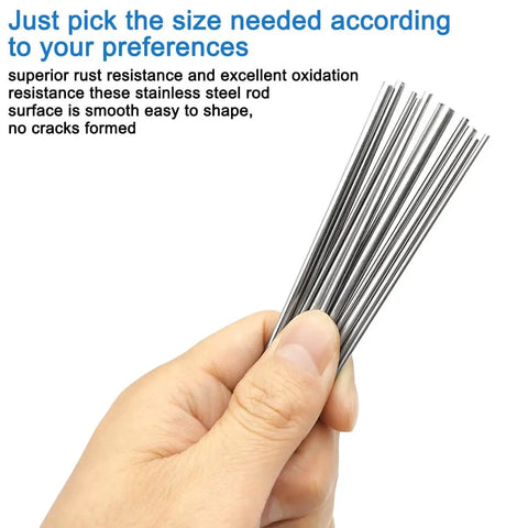 Hand holding 30 Piece Stainless Steel Round Rod Set In Six Sizes 1mm 1.5mm 2mm 2.5mm 3mm And 4mm 100mm Length 304 Stainless Steel Metal Rods For Industry Metalworking Pros Hobbyists And DIYers