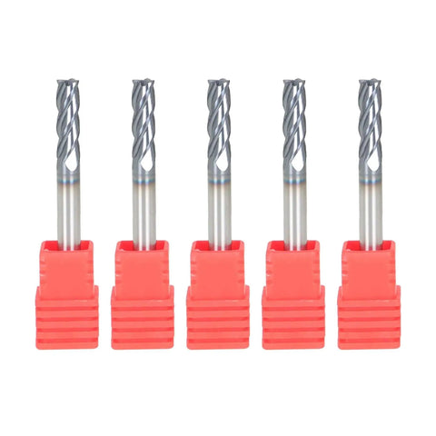 Five Pack Three Sixteenth Inch Four Flute Carbide End Mills with red shank covers, visible helix design, for precise CNC milling.