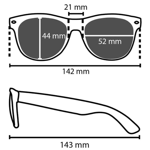 Diagram showing dimensions of Unisex Retro Sunglasses For Men And Women With UV400 Protection, frame width 142mm, arm length 143mm.