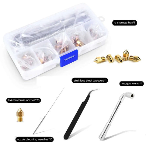 25Pcs MK8 Ender 3 V2 Brass Nozzles 0.4mm Set with DIY Tools Storage Box for Creality Ender 3 Series and CR 10 3D Printers