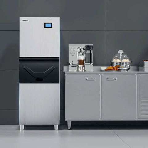 Industrial 550 Lbs Per Day Commercial Ice Maker With 300 Lbs Storage Bin next to coffee station in modern kitchen