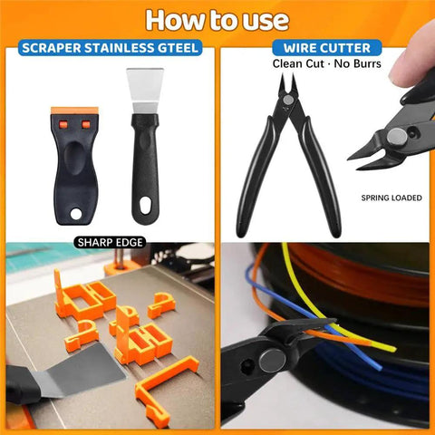 Ultimate 50 Piece 3D Printer Tool Kit Set for All FDM and SLA Printers with nozzle cleaning kit and scraper shown in use